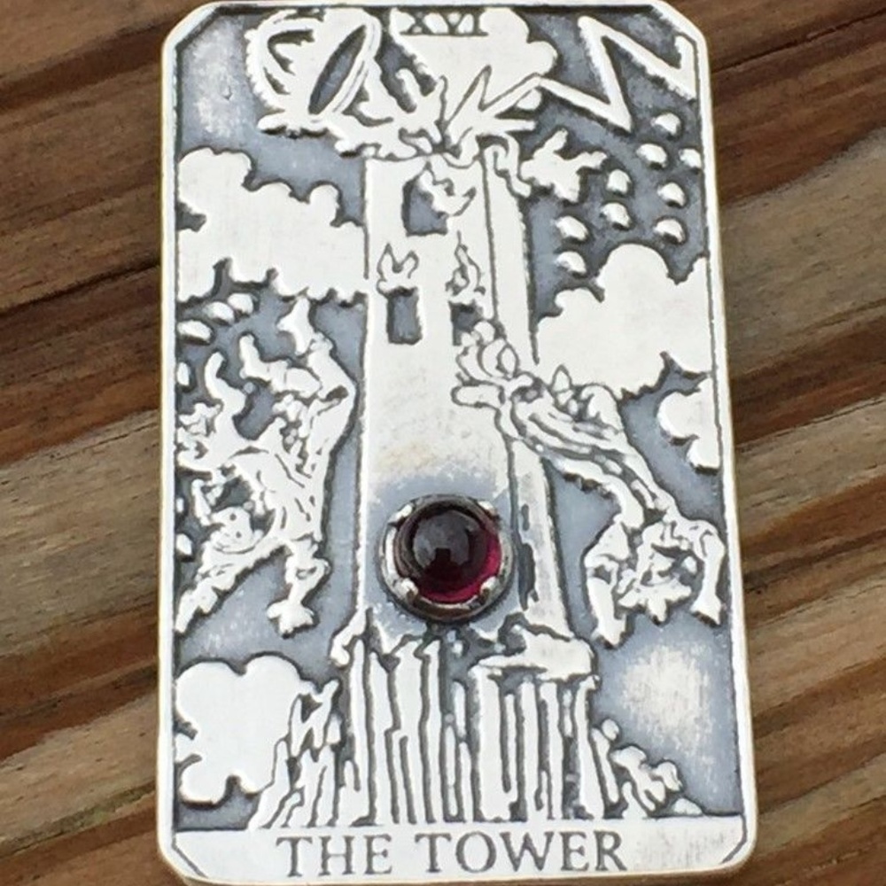 Tower Tarot Card Pendant .925 Sterling Silver w/ genuine Garnet made in USA - Picture 1 of 4